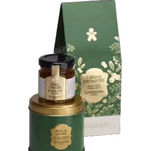Laponie enchantée pochette 1 thé + 1 geléeDans une pochette cadeau un thé vert parfumé Dammann et un pot de gelée de thé